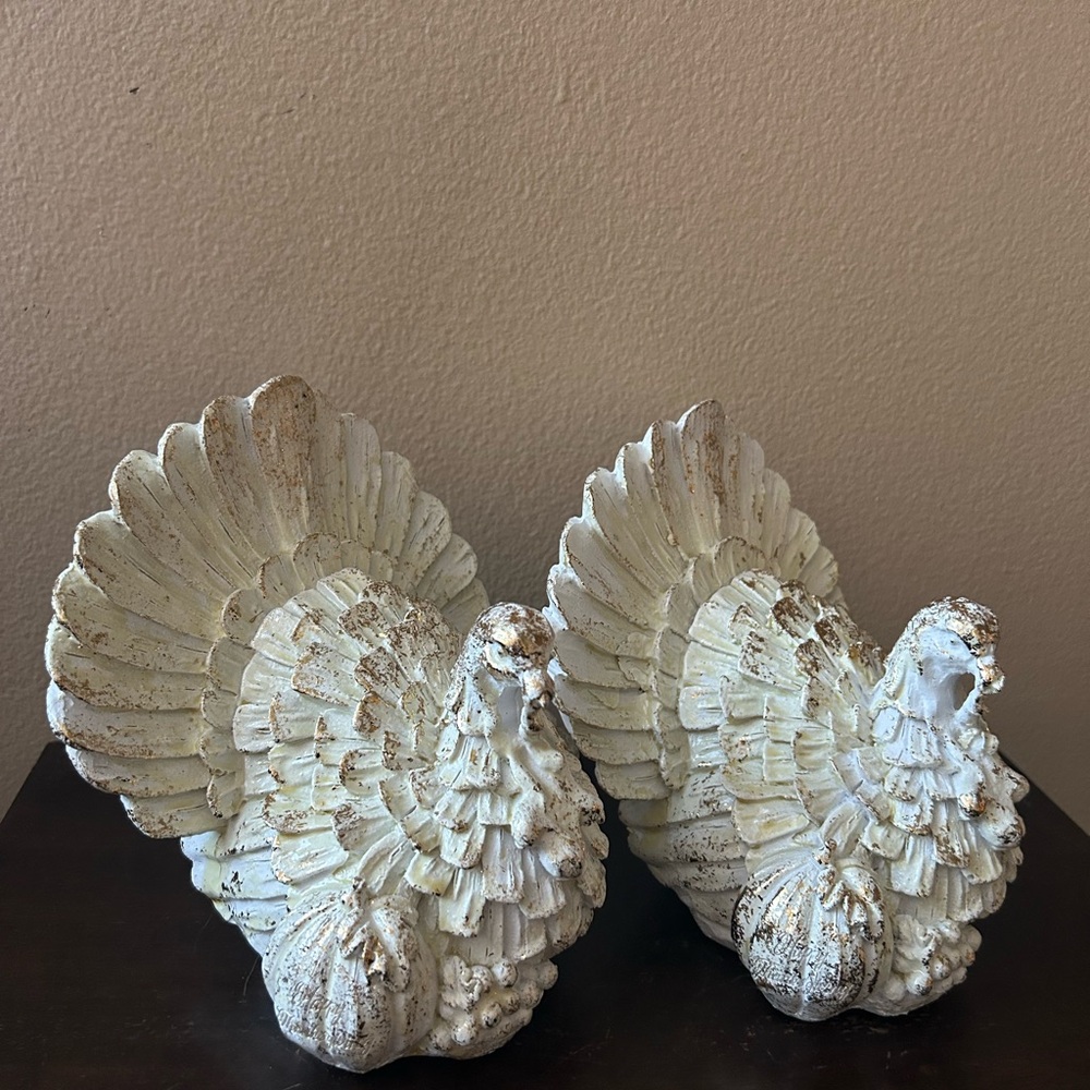 Set Of 2 Off & Gold Turkey Figurines Fall Thanksgiving New